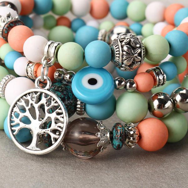 Bohemian Hollow Tree Of Life Elastic Beads Multilayer Armband Armband Present För Kvinnor