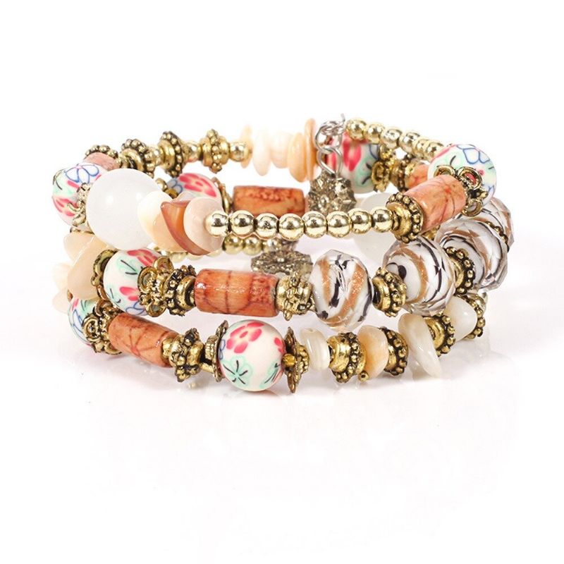 Bohemian Printed Bead Armband Flerlagers Bead Armband Retro Style For Women