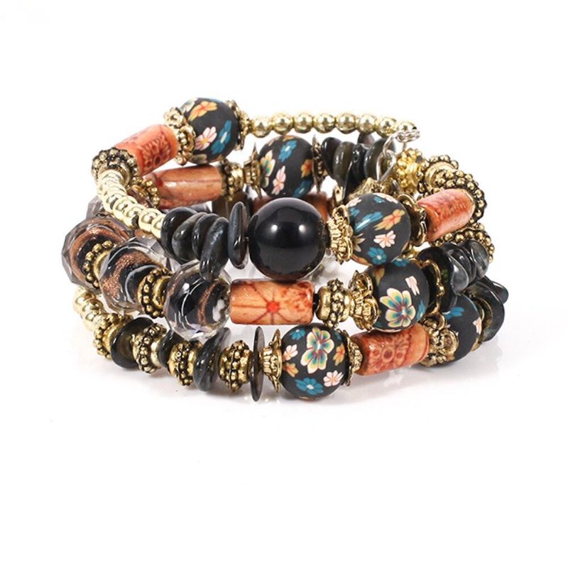 Bohemian Printed Bead Armband Flerlagers Bead Armband Retro Style For Women