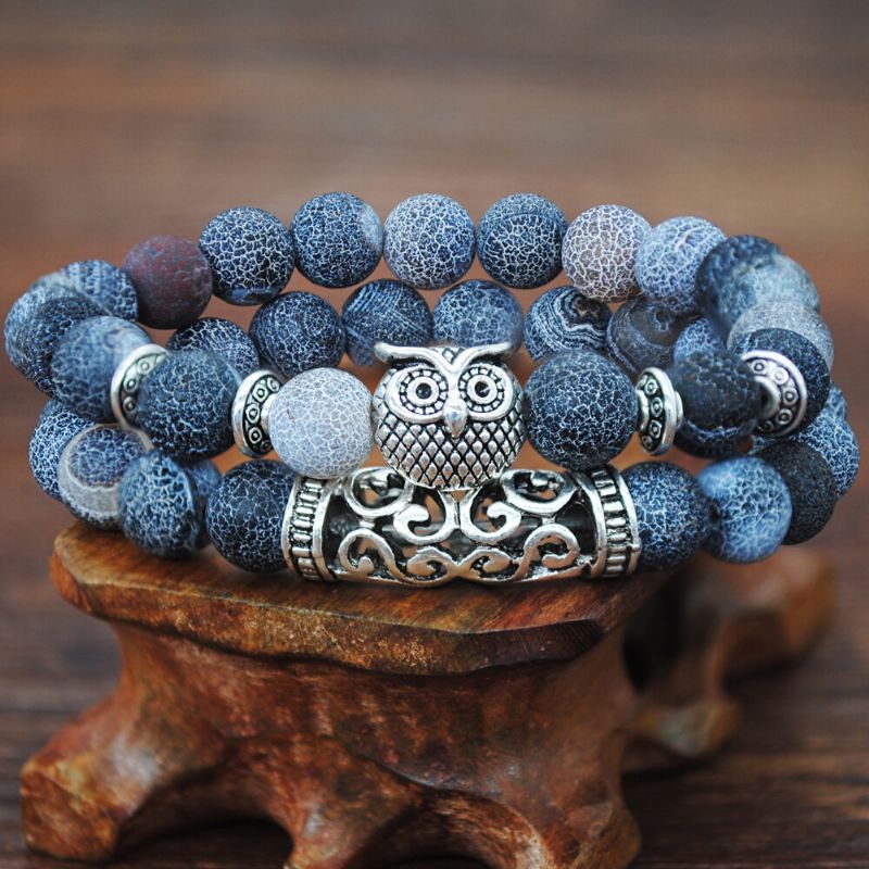 Handgjorda Tibetansk Silver Owl Armband Naturlig Ädelsten Kristall Elastiskt Rep Män Dam Pärlor Armband