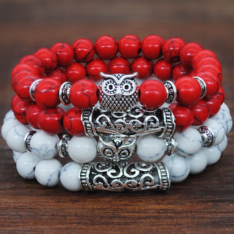 Handgjorda Tibetansk Silver Owl Armband Naturlig Ädelsten Kristall Elastiskt Rep Män Dam Pärlor Armband