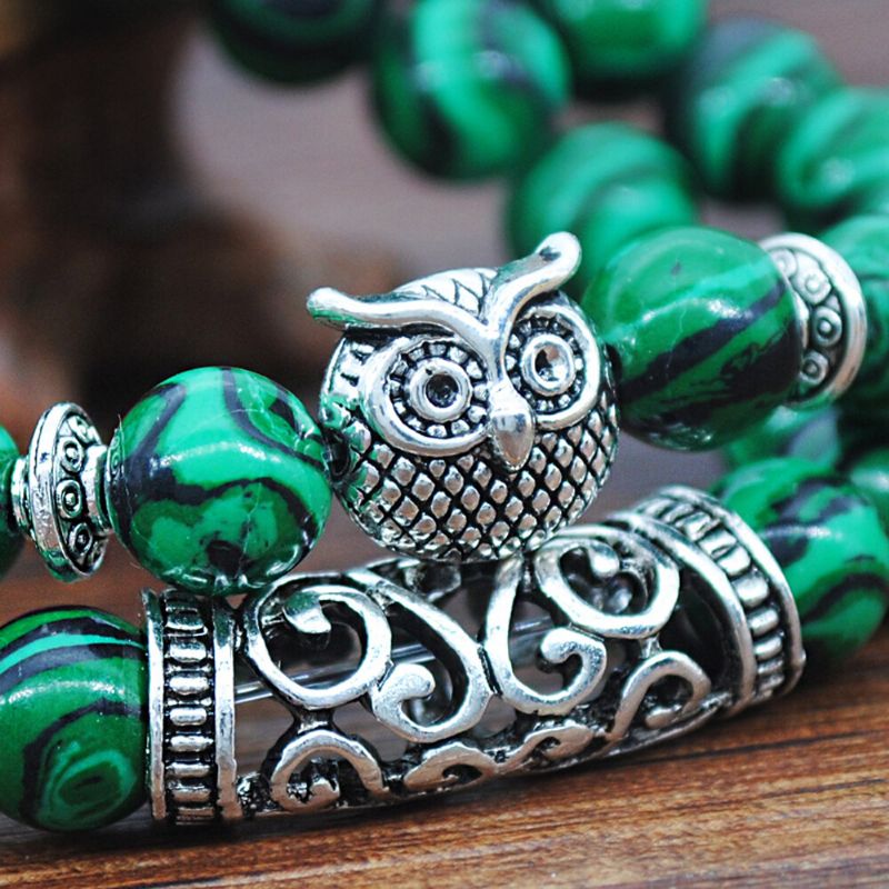 Handgjorda Tibetansk Silver Owl Armband Naturlig Ädelsten Kristall Elastiskt Rep Män Dam Pärlor Armband