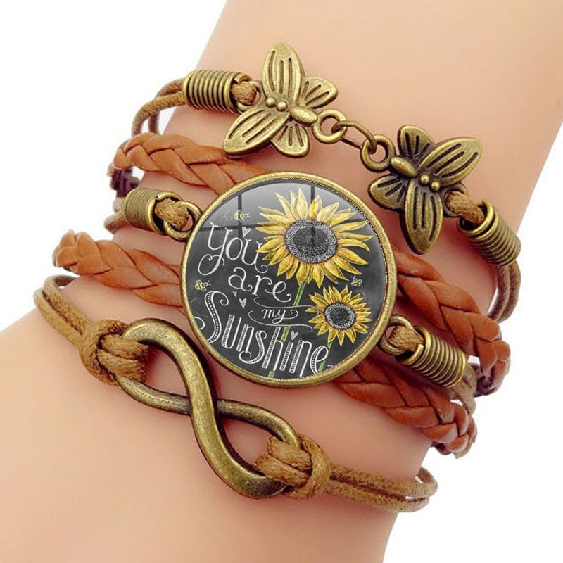 Retro Butterfly Infinity Combination Flätat Armband Tryckt Sunflower Time Ädelstensdekoration Handgjorda Flerlagersarmband