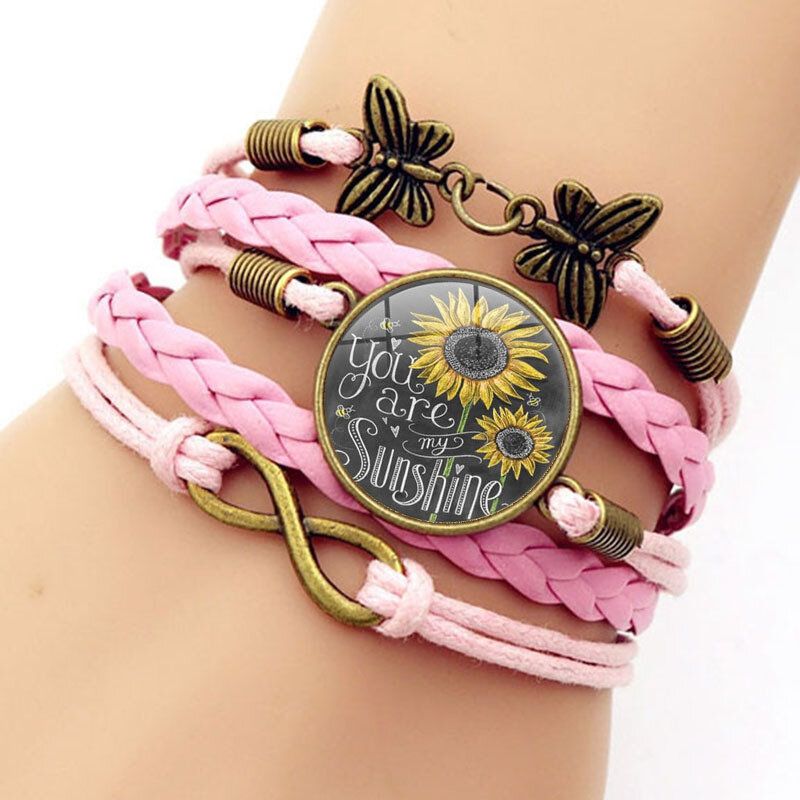 Retro Butterfly Infinity Combination Flätat Armband Tryckt Sunflower Time Ädelstensdekoration Handgjorda Flerlagersarmband