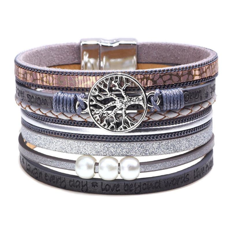 Vintage Life Tree Flerlagers Läderarmband Alloy Woven Lady Armband