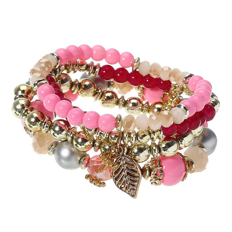 Vintage Multilayer Crystal Bead Chain Armband Leaf Pendant Stretch Armband For Women