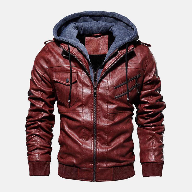 Herrmode Pu Hooded Zipper Pocket Jacka Varma Förtjockade Läderrockar