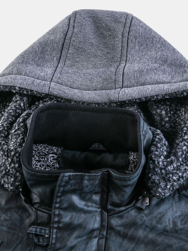 Hooded Pocket Herr Pu Läder Motorcykeljacka