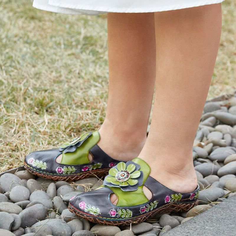 Handgjorda Äkta Läder Retro Etniska Blommor Utsmyckade Slip-on Bekväma Slutna Tofflor