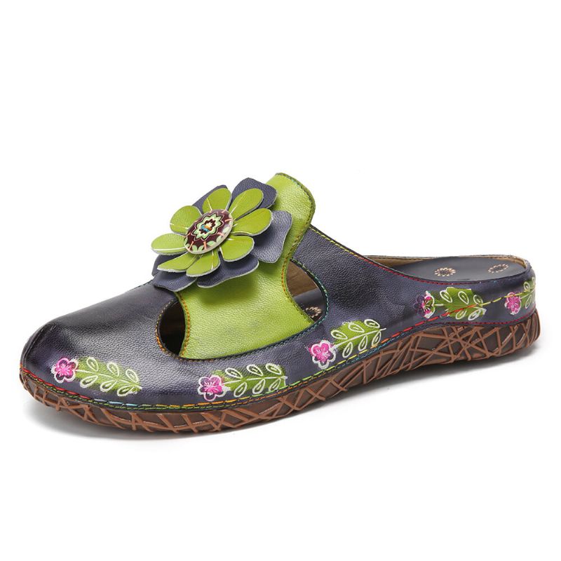 Handgjorda Äkta Läder Retro Etniska Blommor Utsmyckade Slip-on Bekväma Slutna Tofflor