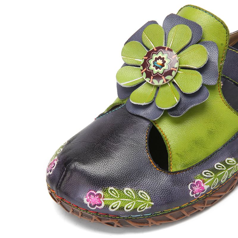 Handgjorda Äkta Läder Retro Etniska Blommor Utsmyckade Slip-on Bekväma Slutna Tofflor