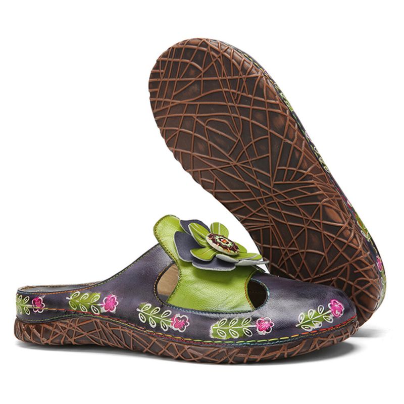 Handgjorda Äkta Läder Retro Etniska Blommor Utsmyckade Slip-on Bekväma Slutna Tofflor