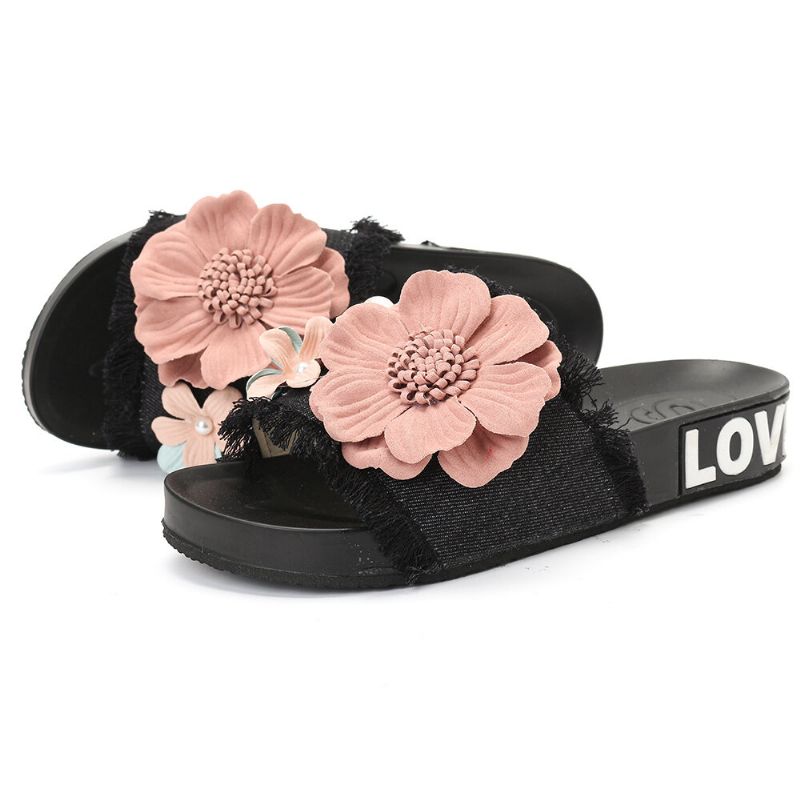 Kvinnor Casual Beach Flowers Denim Tofflor