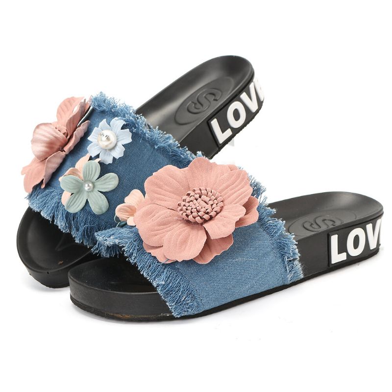 Kvinnor Casual Beach Flowers Denim Tofflor