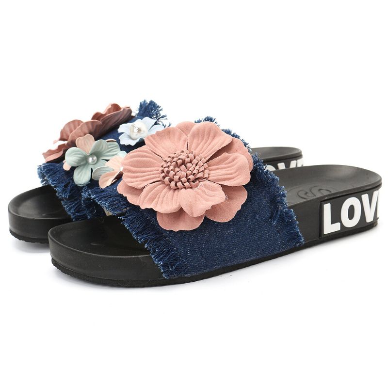 Kvinnor Casual Beach Flowers Denim Tofflor