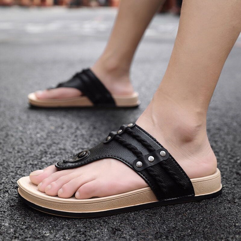 Läder För Män Andas Bekväma Halkfria Flip Flops Casual Strandtofflor