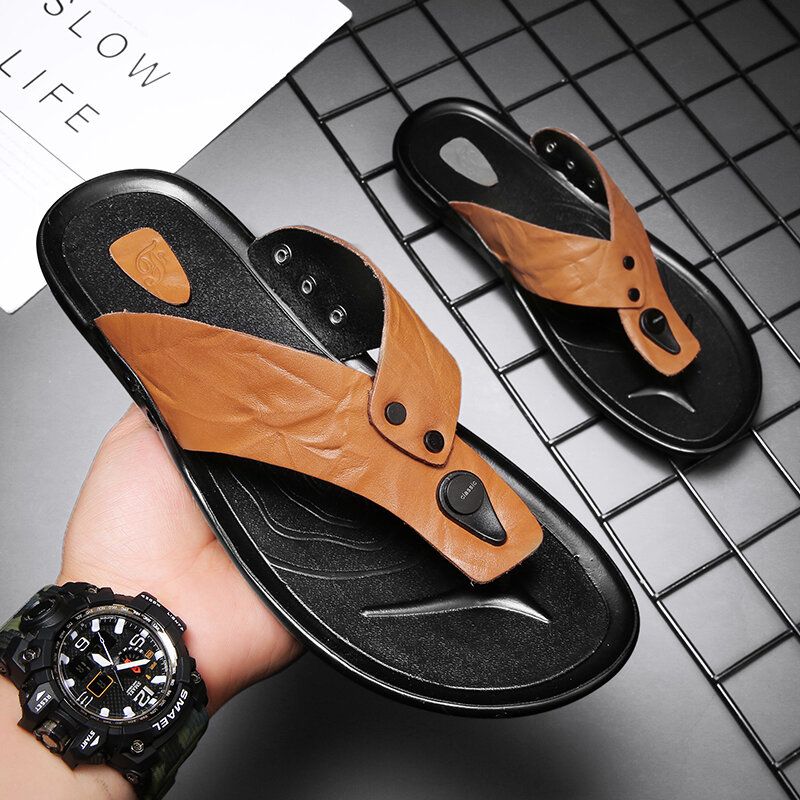 Män Läder Andas Mjuk Sula Halkfri Bekväma Utomhus Flip Flops Casual Tofflor