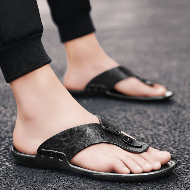 Män Läder Andas Mjuk Sula Halkfri Bekväma Utomhus Flip Flops Casual Tofflor