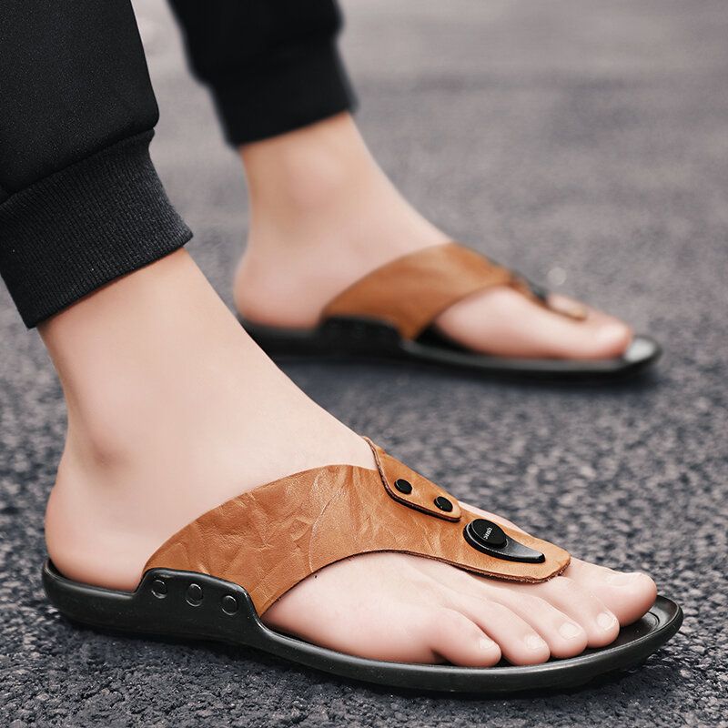 Män Läder Andas Mjuk Sula Halkfri Bekväma Utomhus Flip Flops Casual Tofflor