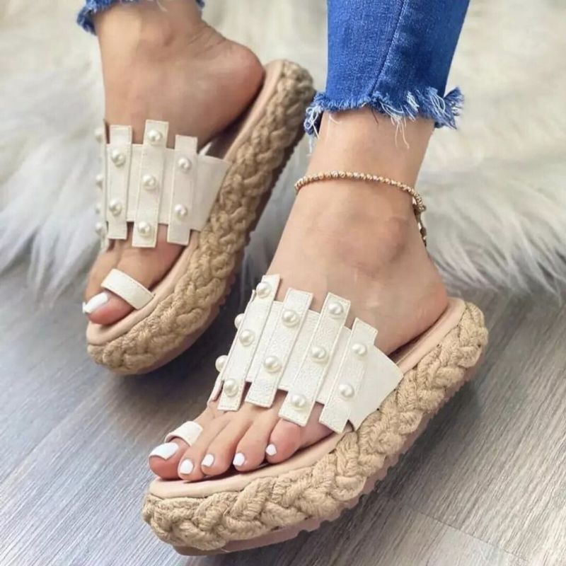 Plus Size Damer Casual Sommar Strandsemester Pärlor Dekor Espadriller Plattformar Tumtofflor