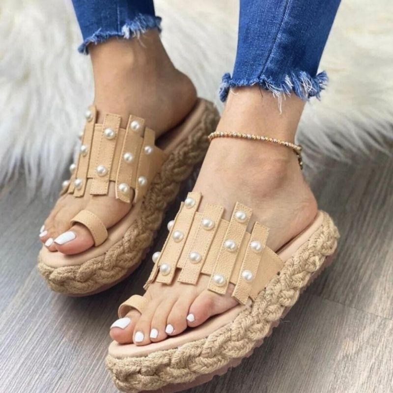 Plus Size Damer Casual Sommar Strandsemester Pärlor Dekor Espadriller Plattformar Tumtofflor