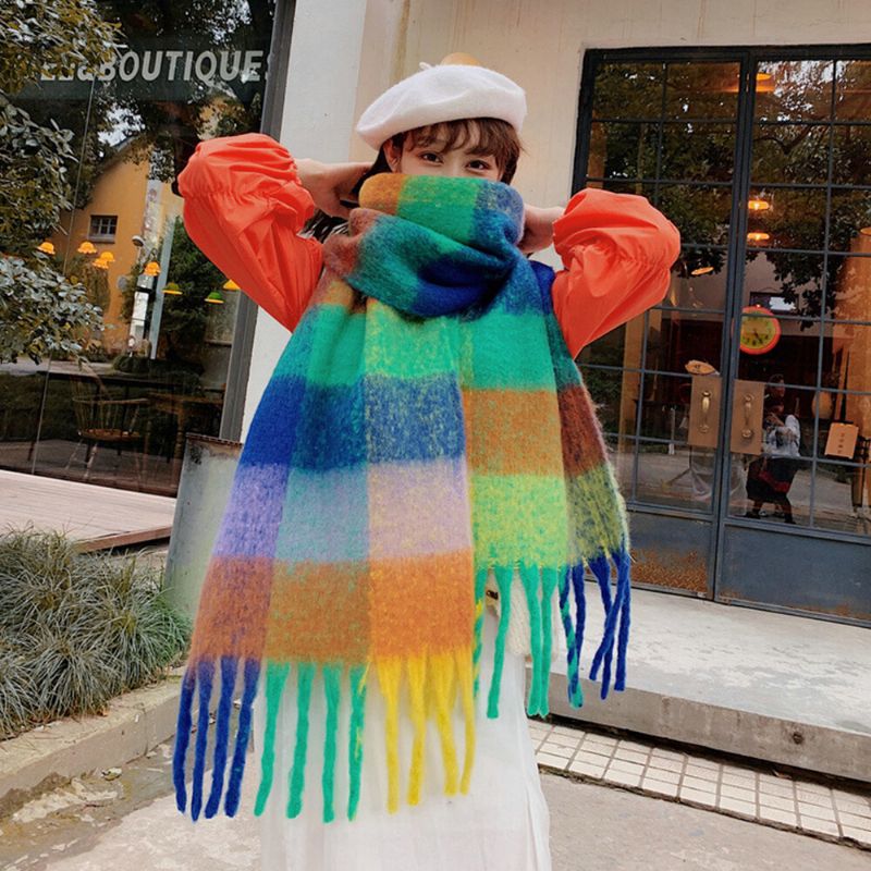 Dam Faux Cashmere Rainbow Patchwork Färg Tjock Varm Rutigt Mönster Tofs Sjal Scarf