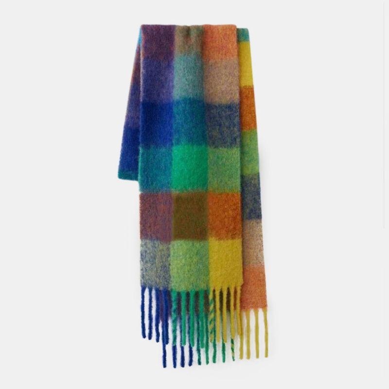 Dam Faux Cashmere Rainbow Patchwork Färg Tjock Varm Rutigt Mönster Tofs Sjal Scarf