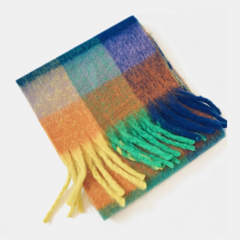 Dam Faux Cashmere Rainbow Patchwork Färg Tjock Varm Rutigt Mönster Tofs Sjal Scarf