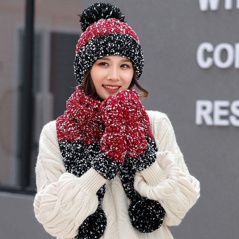 Dam Flickor Julstickad Snömössa Handskar Scarf Vinter Varm Trend Tredelad Set