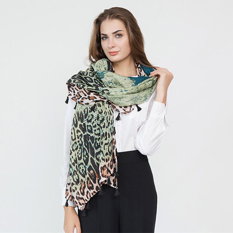 Dam Gradient Leopard Print Mode Tofs Fringe Scarf