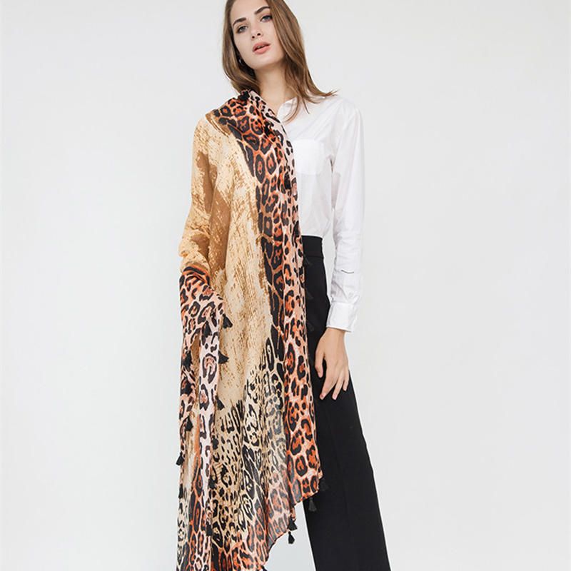 Dam Gradient Leopard Print Mode Tofs Fringe Scarf