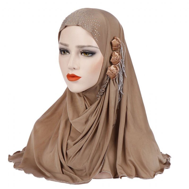 Kvinnor Ny Is Siden Sida Tre Blomma Tofsar Arabisk Hat Arab Wrap Scarf Turban Hatt