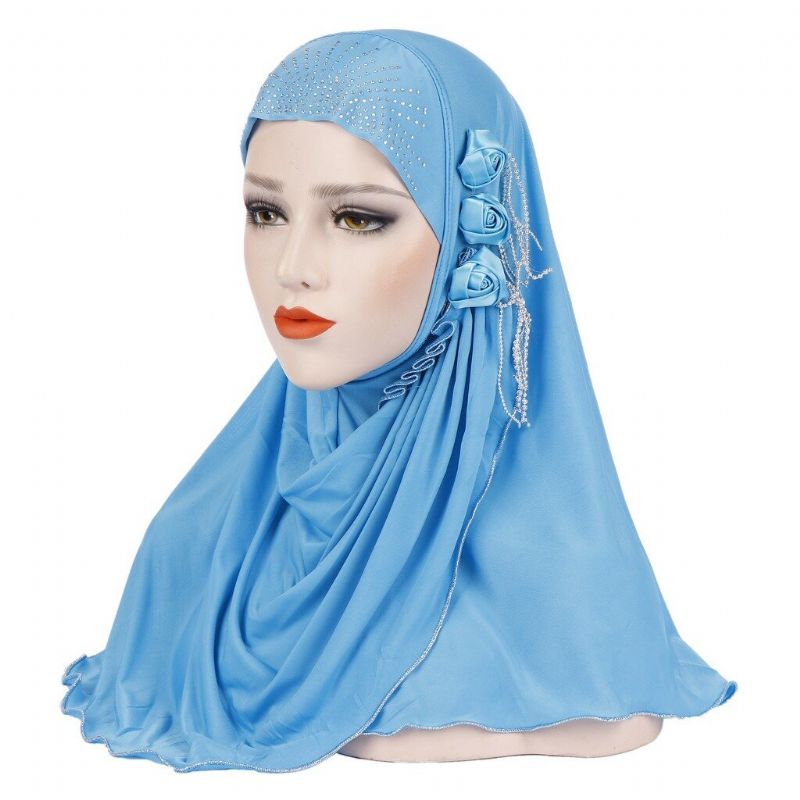 Kvinnor Ny Is Siden Sida Tre Blomma Tofsar Arabisk Hat Arab Wrap Scarf Turban Hatt