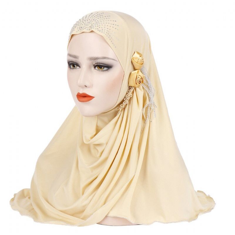 Kvinnor Ny Is Siden Sida Tre Blomma Tofsar Arabisk Hat Arab Wrap Scarf Turban Hatt