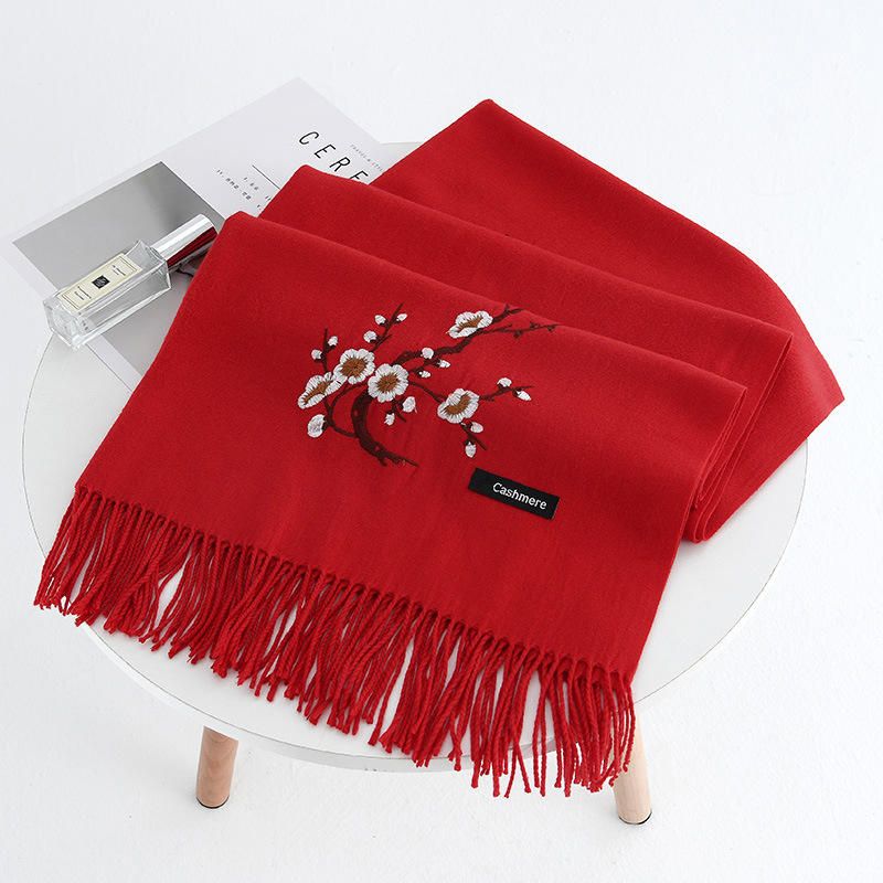 Kvinnor Vinter Cashmere-liknande Plommonbroderi Tofs Scarf