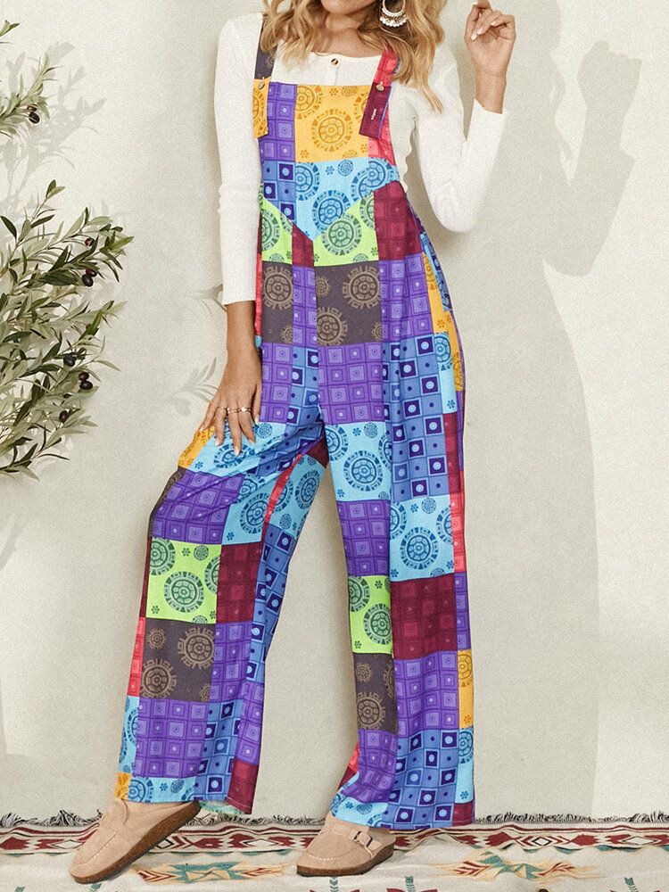 Ärmlös Färgblock För Kvinnor Ethnic Casual Jumpsuit Med Sidficka