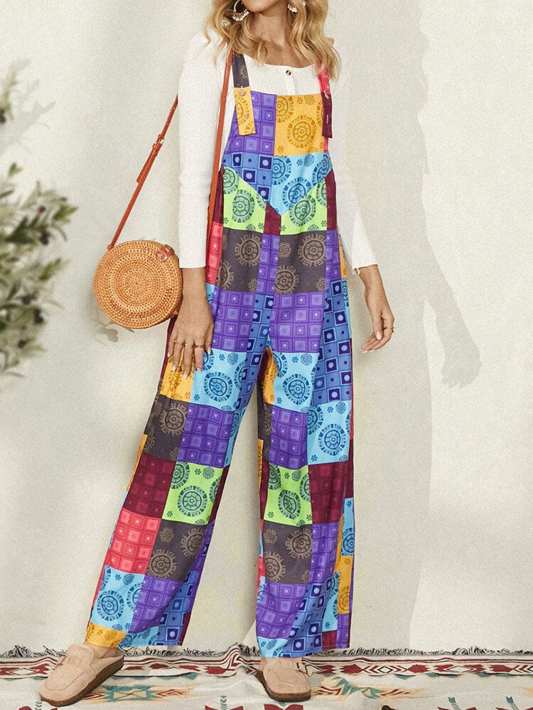 Ärmlös Färgblock För Kvinnor Ethnic Casual Jumpsuit Med Sidficka