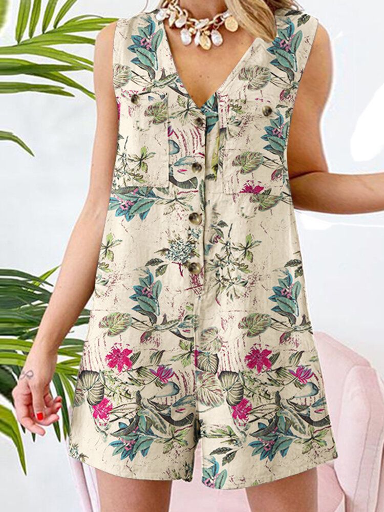 Ärmlös Knapptryckt Blomficka Regular Fit Jumpsuit