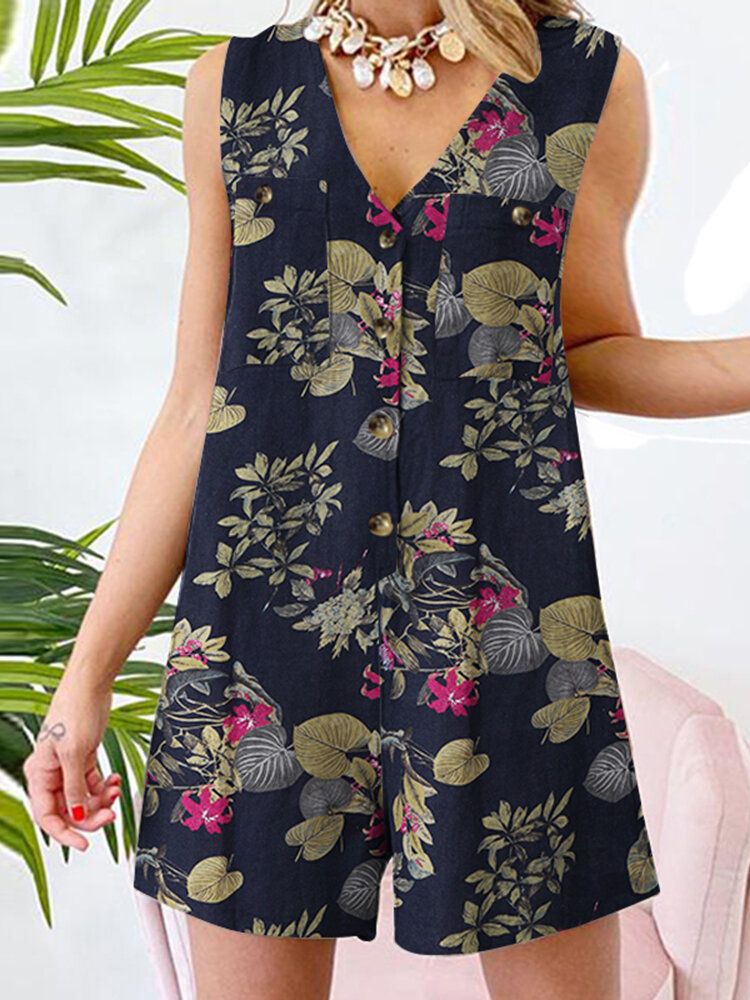 Ärmlös Knapptryckt Blomficka Regular Fit Jumpsuit