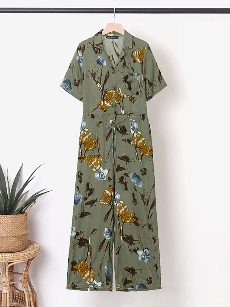 Blommig Knappficka Kortärmad Jumpsuit Med Vida Ben