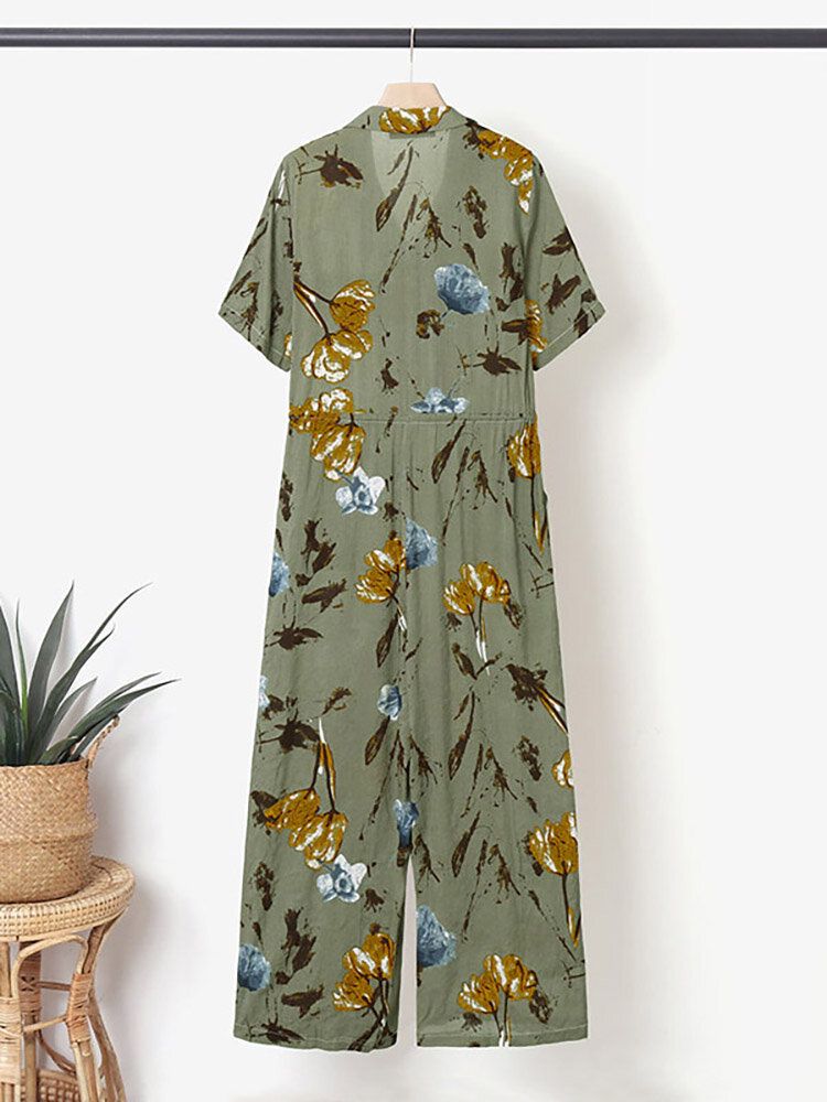 Blommig Knappficka Kortärmad Jumpsuit Med Vida Ben