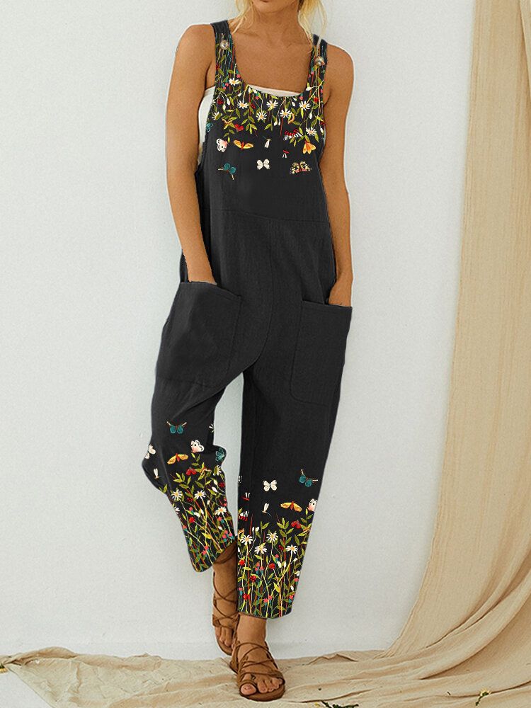 Butterfly Flower Print Strap Knappficka Casual Jumpsuit Overall För Kvinnor