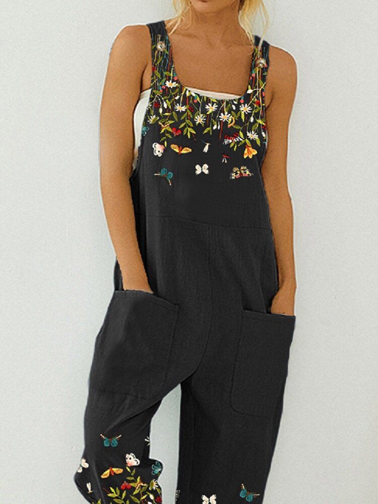 Butterfly Flower Print Strap Knappficka Casual Jumpsuit Overall För Kvinnor