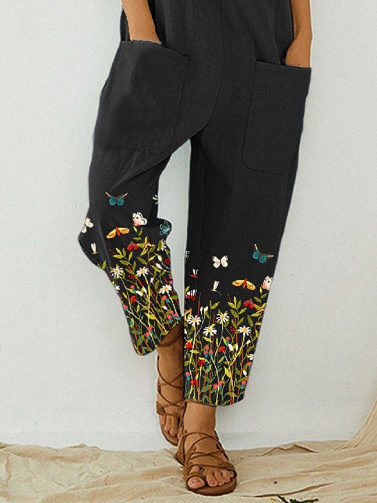 Butterfly Flower Print Strap Knappficka Casual Jumpsuit Overall För Kvinnor