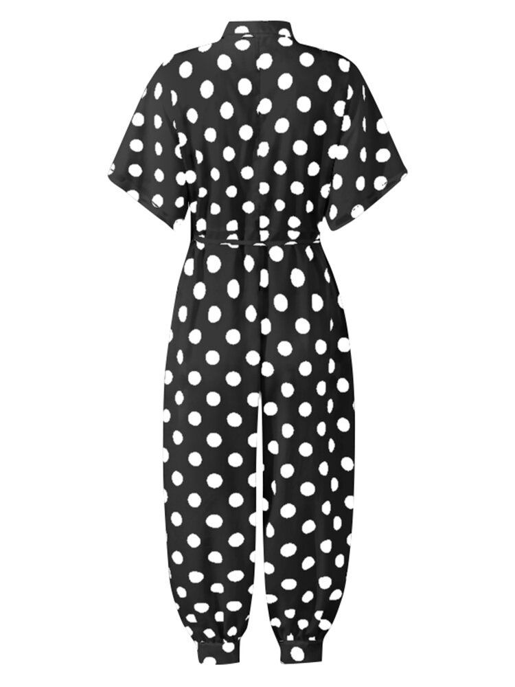 Casual Polka Dot Print Lapel Kortärmad Knäpp Bälted Pocket Jumpsuits För Dam