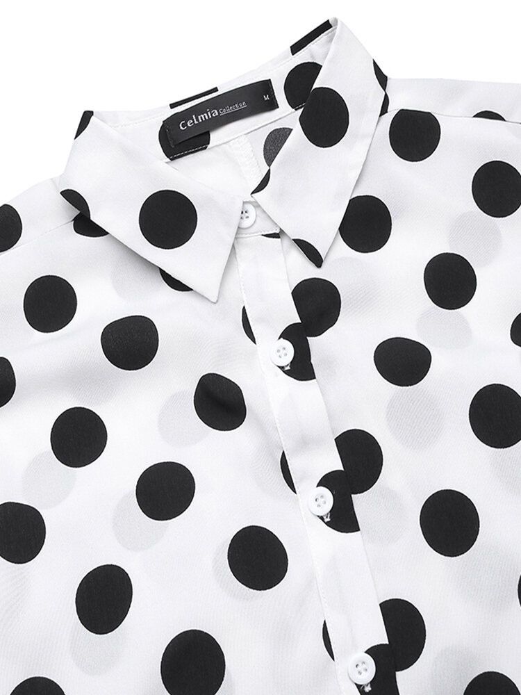 Casual Polka Dot Print Lapel Kortärmad Knäpp Bälted Pocket Jumpsuits För Dam