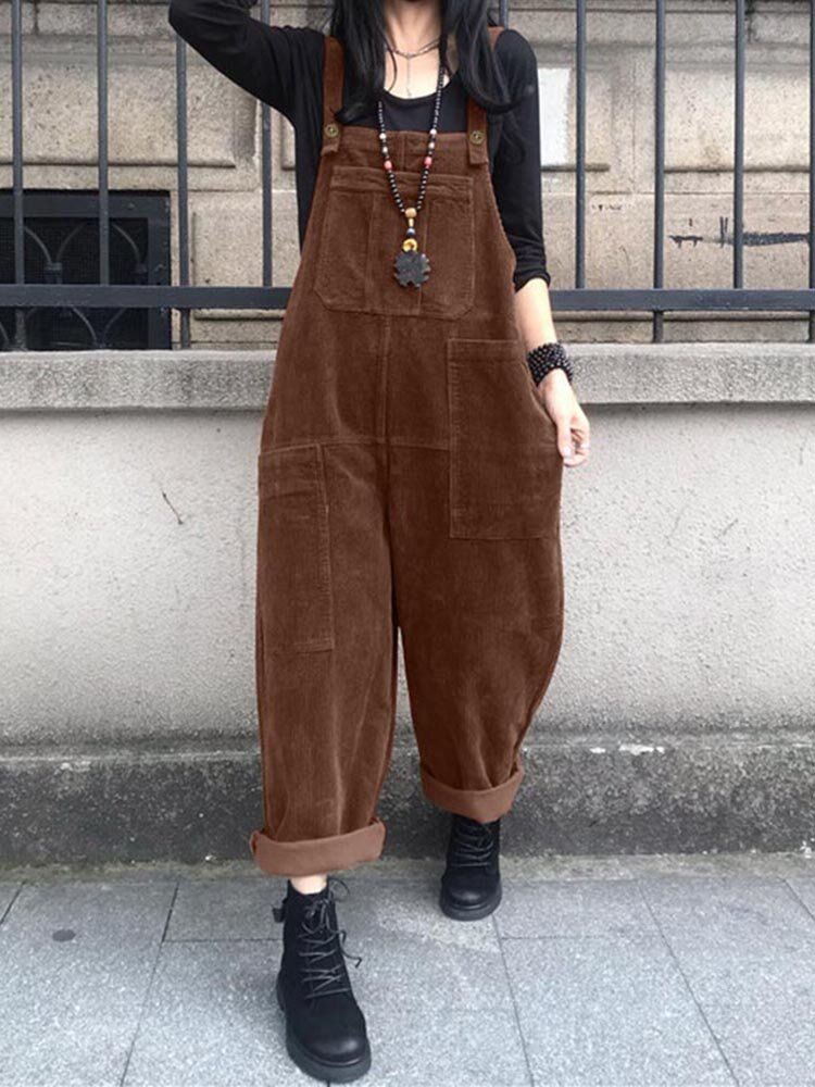 Corduroy Retro Europe Solid Casual Pockets Jumpsuit För Dam