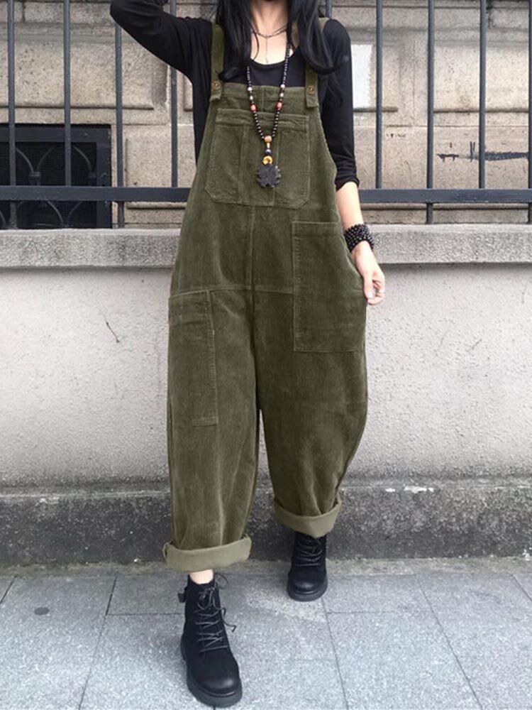 Corduroy Retro Europe Solid Casual Pockets Jumpsuit För Dam