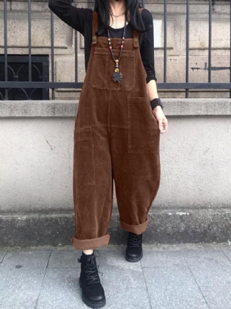 Corduroy Retro Europe Solid Casual Pockets Jumpsuit För Dam