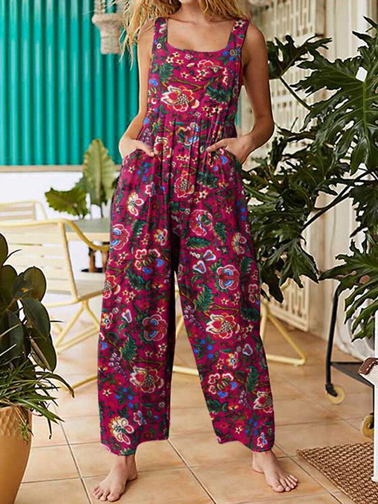 Dam All Over Blommigt Tryck Dubbla Fickor Retro Strappy Jumpsuits